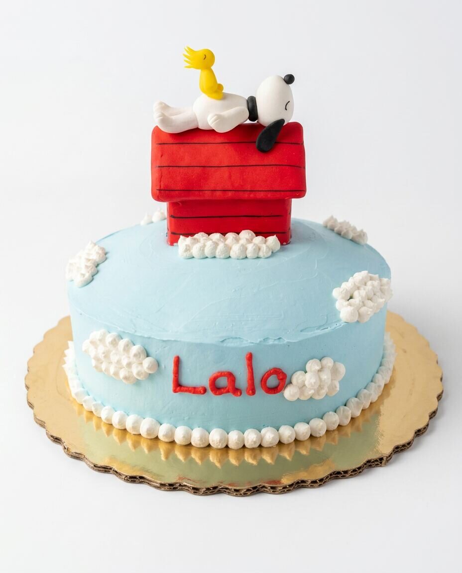 Pastel redondo en buttercream azul cielo con nubes blancas piped, nombre 'Lalo' en cursiva roja, borde de perlas blancas sobre base dorada festoneada y topper de Snoopy recostado sobre su casita roja con Woodstock al lado