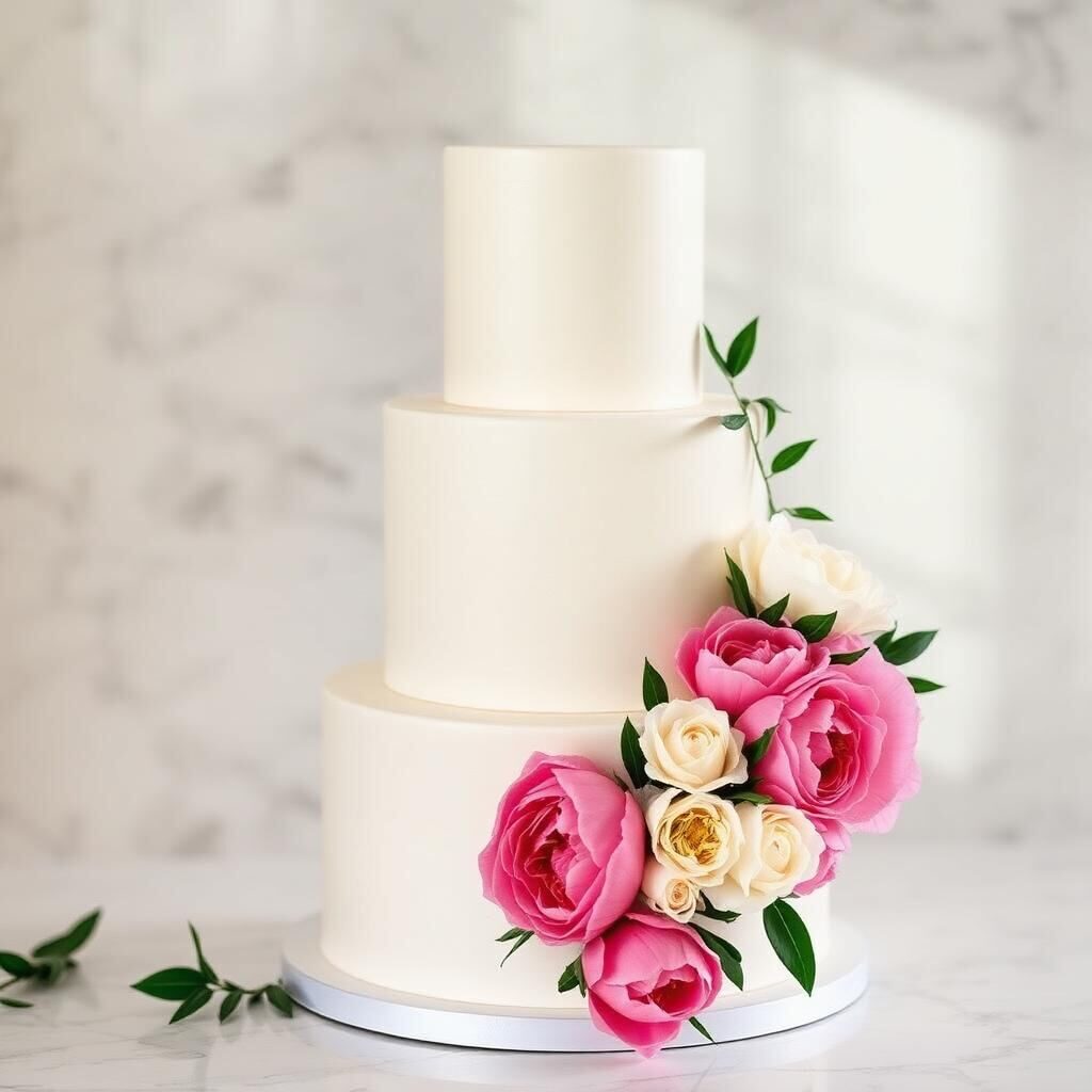 Pastel de boda de tres pisos con peonías frescas en blush y crema