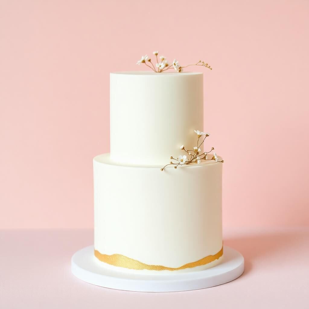 Pastel de boda minimalista de dos pisos con borde de oro comestible y flores naturales