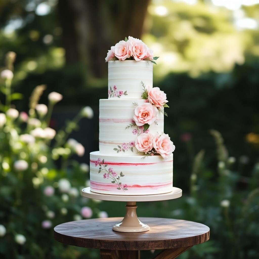 Pastel de boda de cuatro pisos con detalles pintados a mano en acuarela rosa