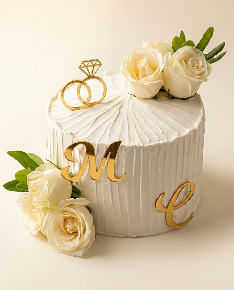 Pastel de boda íntimo en buttercream marfil con iniciales M y C en oro espejo, rosas blancas frescas y topper de anillos entrelazados