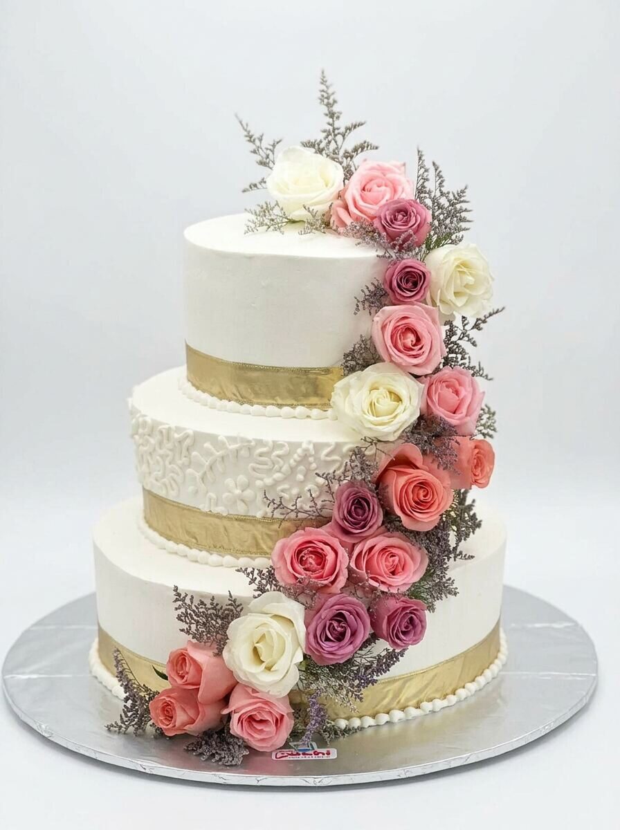 Pastel de boda de tres pisos en buttercream blanco con cintas doradas metálicas, encaje floral en piso central y cascada de rosas frescas en blush, marfil, coral y lavanda con statice plateado