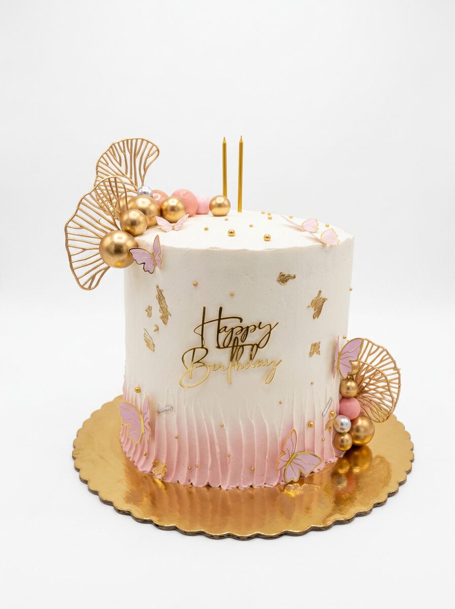 Pastel alto en buttercream blanco con base ombré rosa, mariposas rosas, esferas doradas y rosas, abanicos dorados y topper Happy Birthday en oro