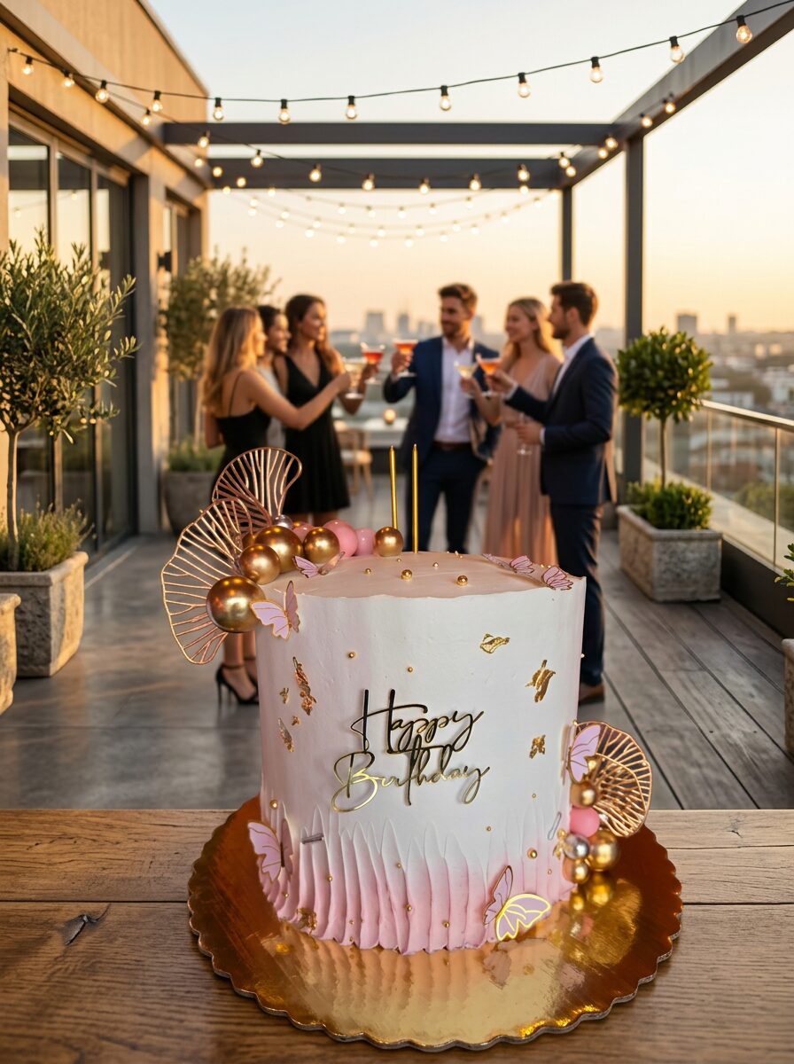 Mujer joven de 25 años celebrando en terraza al atardecer con amigas y amigos en sus veintes brindando con copas, luces de hadas colgando, plantas en macetas, skyline al fondo y el pastel de mariposas y esferas doradas en primer plano