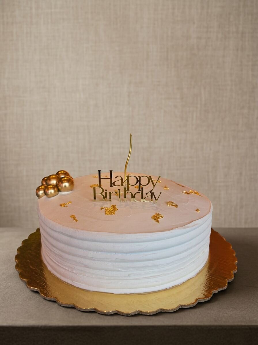 Pastel redondo en buttercream marfil con textura horizontal, cluster de esferas doradas a un costado, hojuelas de oro 24k esparcidas sobre crema rosa pálido y topper Happy Birthday en oro espejo