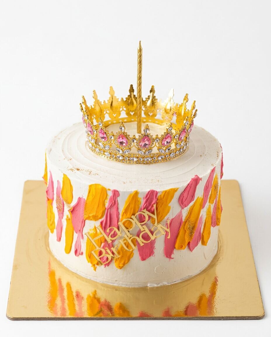 Pastel alto en buttercream blanco con pinceladas vibrantes en rosa fucsia, naranja y amarillo, glitter dorado, topper Happy Birthday en oro espejo, vela espiral dorada y corona real metálica con joyas rosas y diamantes en la parte superior