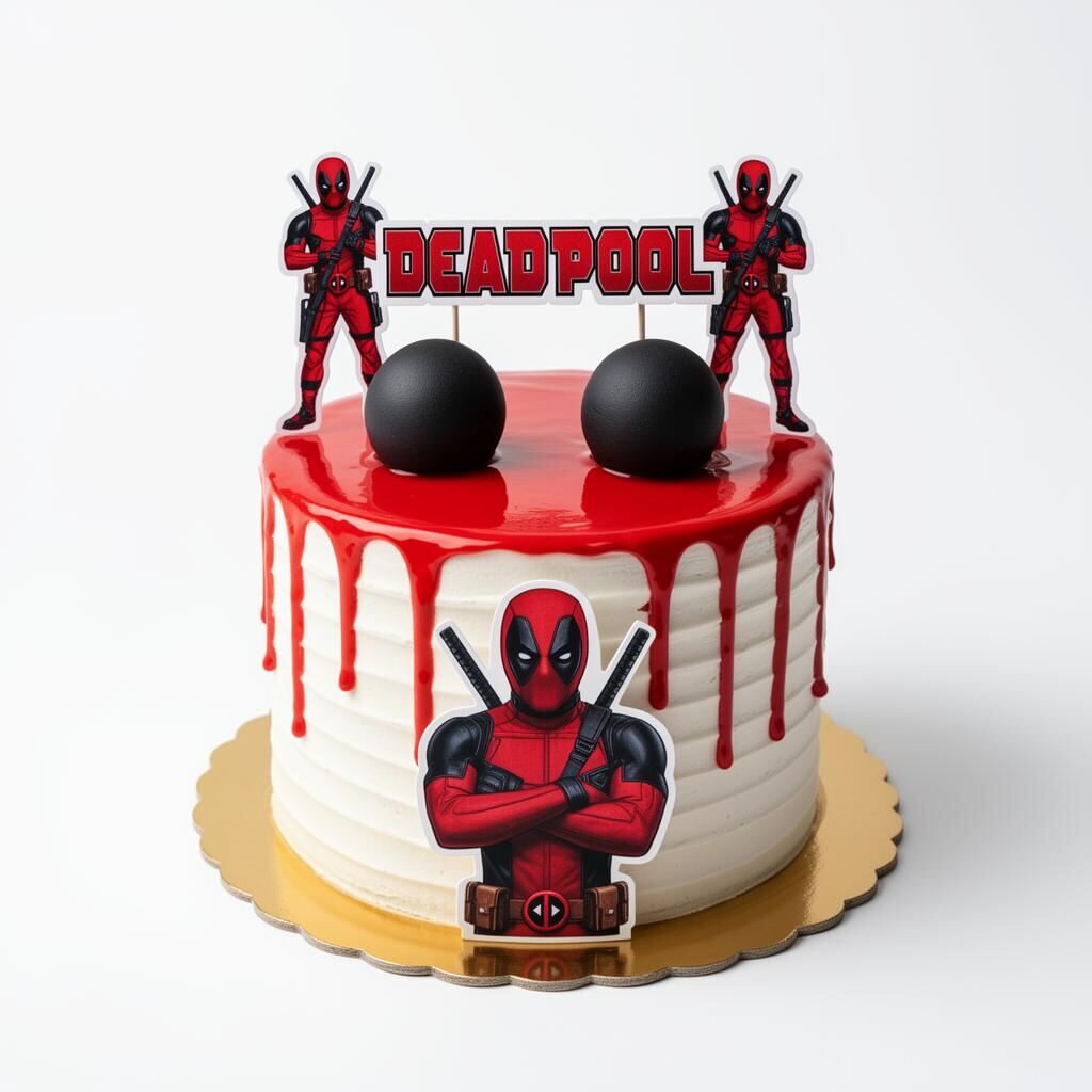 Pastel redondo de buttercream blanco texturizado con drip rojo brillante estilo glaseado espejo cayendo desde arriba, dos esferas negras de fondant emulando la máscara de Deadpool, topper central con logo rojo 'DEADPOOL' flanqueado por dos figuras del personaje y cutout frontal de Deadpool con brazos cruzados, sobre base dorada festoneada