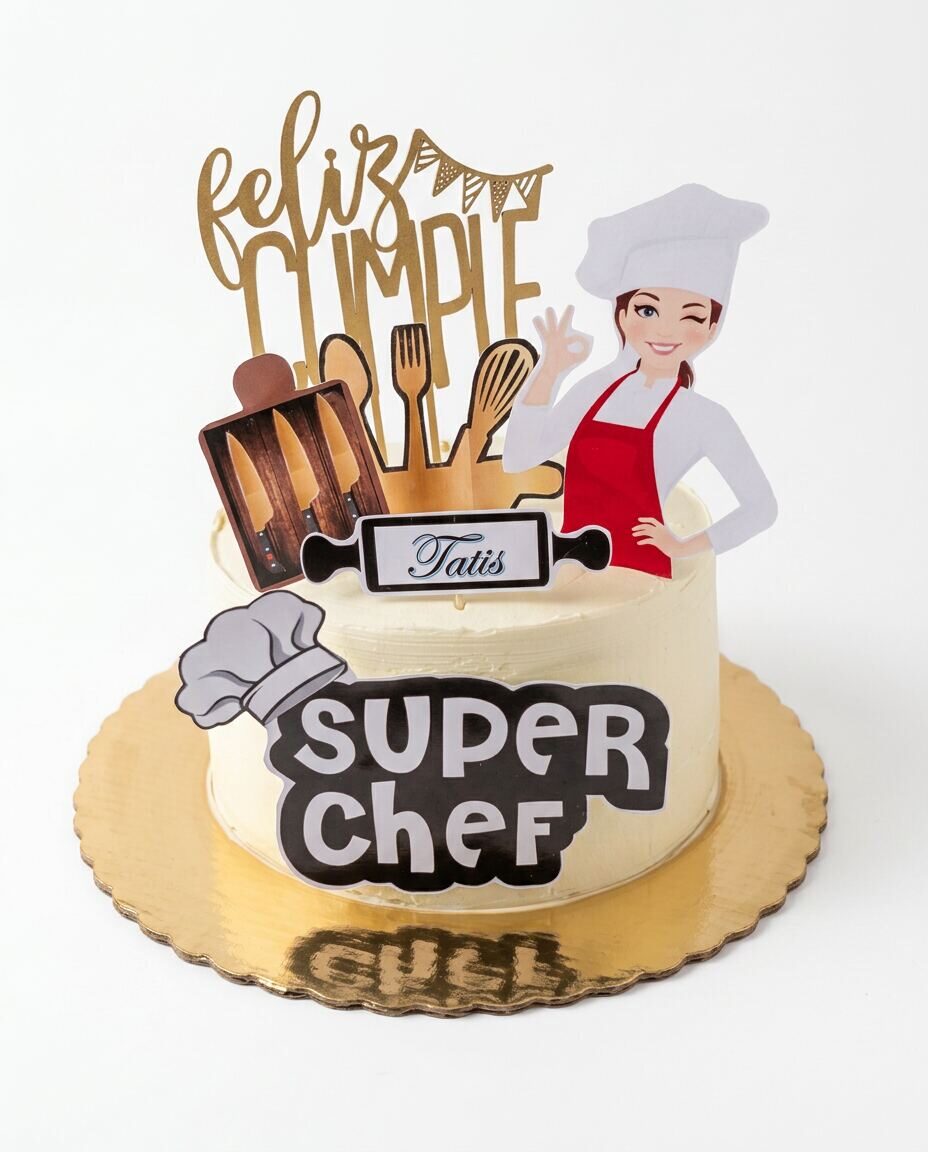 Pastel redondo en buttercream marfil con topper dorado 'feliz CUMPLE', cutouts de tabla de quesos con cuchillos, set de utensilios de madera con rodillo whisk y cucharas, chef femenina caricaturizada con gorro y mandil rojo guiñando, rodillo personalizado con nombre 'Tatis' y sticker frontal 'SUPER Chef' con gorro de chef, sobre base dorada festoneada