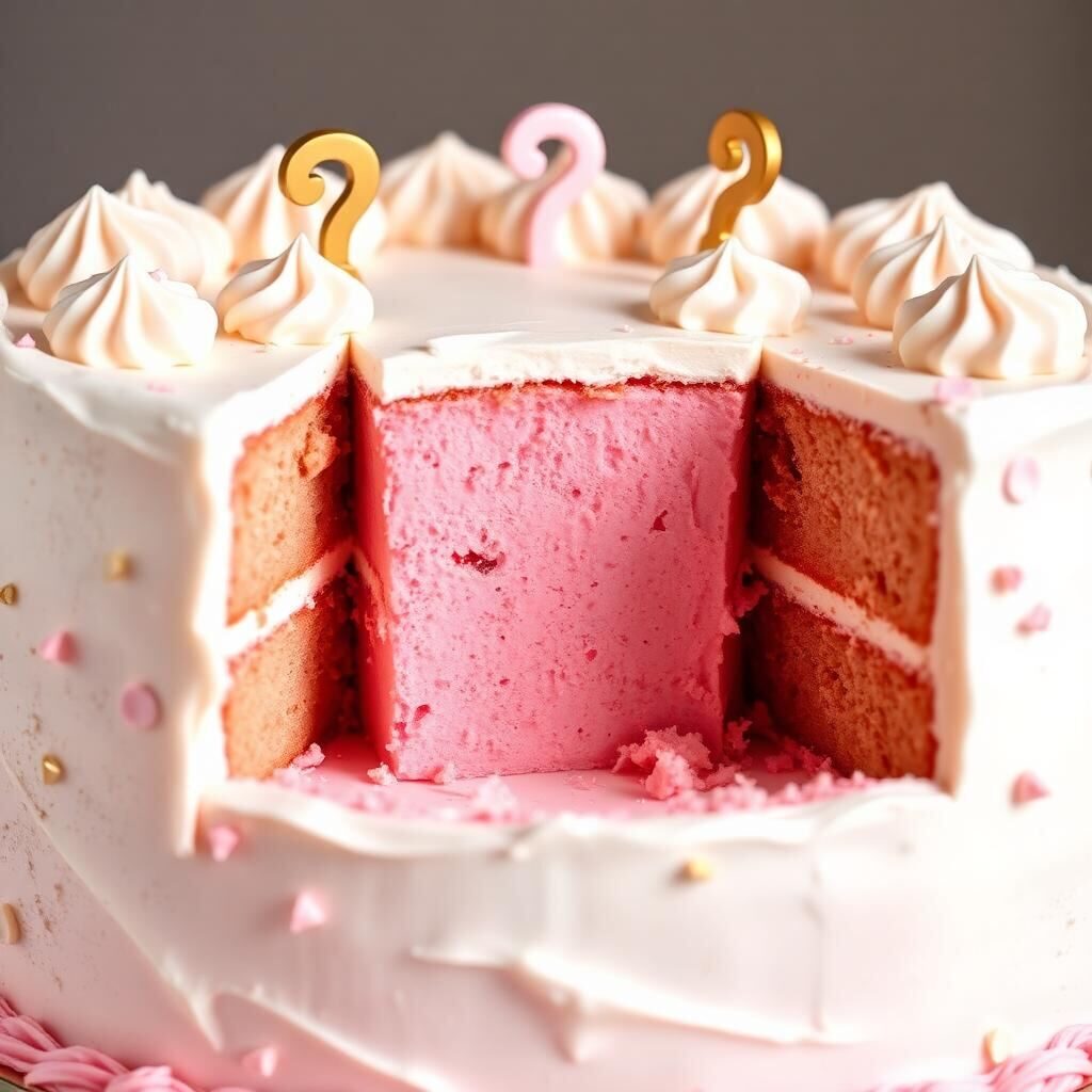 Pastel de revelación cortado mostrando interior rosa