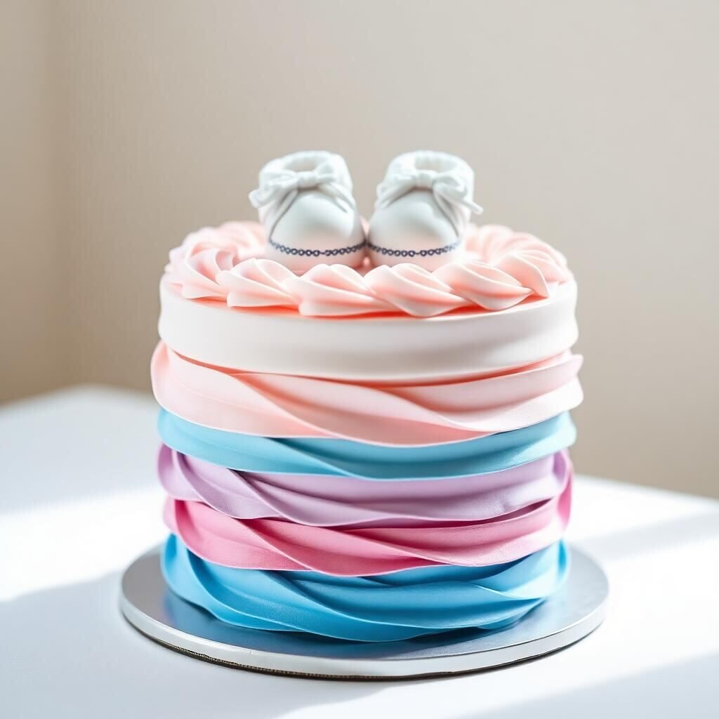 Pastel de baby shower con ombré rosa y azul y zapatitos
