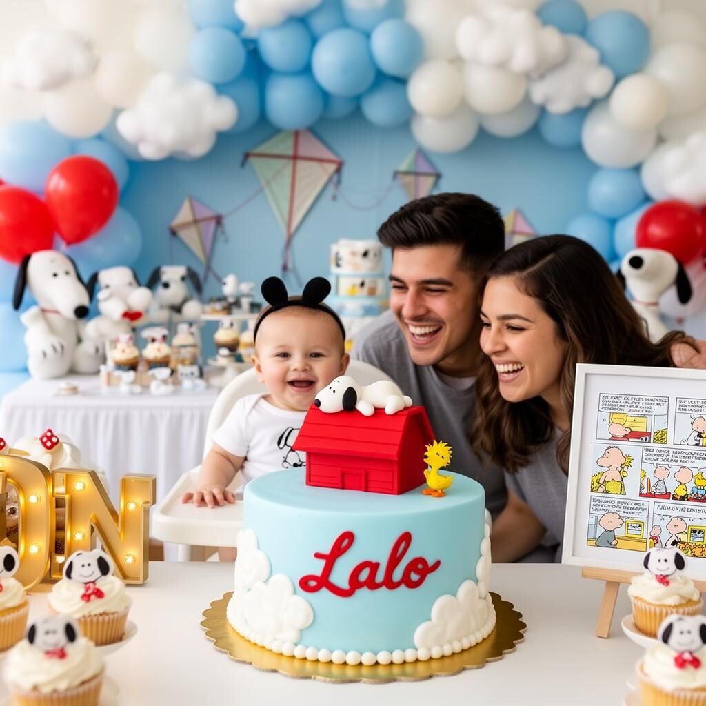 Bebé de un año con diadema de orejitas de Snoopy en silla alta riendo junto a sus papás, frente al mismo pastel azul cielo con casita roja y nombre Lalo, mesa de postres con arco de globos azul y blanco en forma de nubes, kites colgando, peluches de Snoopy y Woodstock, cupcakes temáticos y letrero ONE en luces doradas