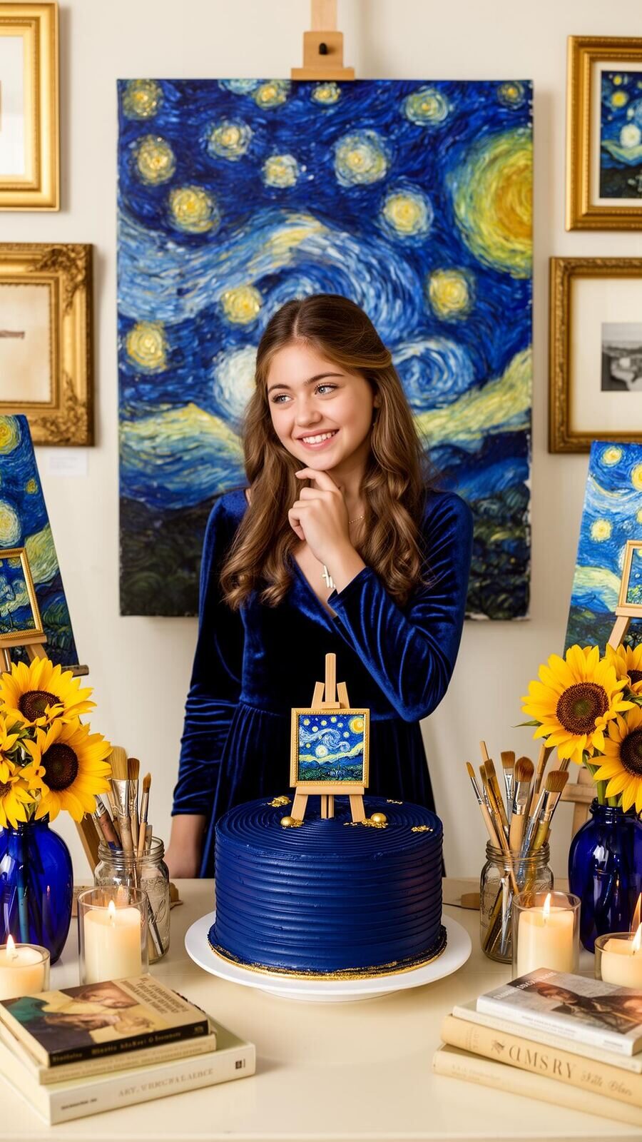 Adolescente con vestido azul terciopelo frente a réplica de Noche Estrellada de Van Gogh, pastel azul cobalto con caballete miniatura, girasoles y pinceles en frascos