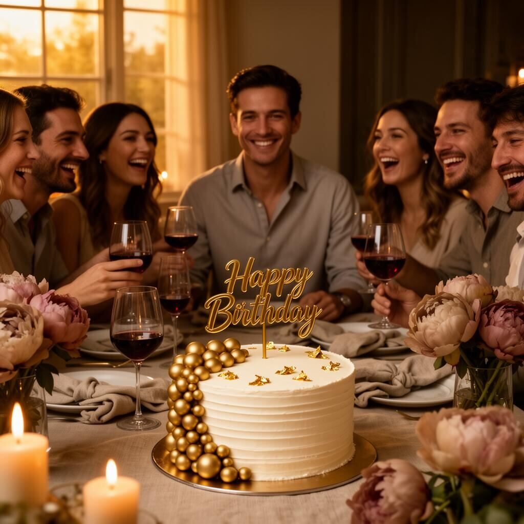 Hombre adulto sonriendo en la cabecera de la mesa rodeado de matrimonios jóvenes brindando con copas de vino, peonías en tonos apagados, velas encendidas y luz dorada de ventana, frente al pastel de esferas doradas y Happy Birthday en oro