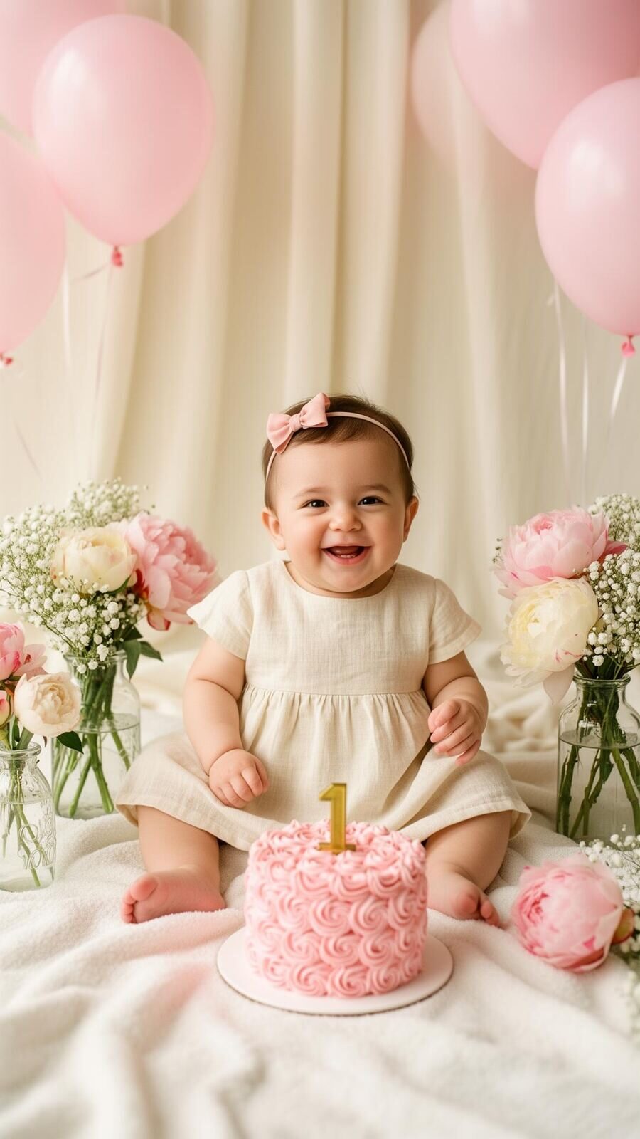Bebé de un año sentadita sonriendo junto a su smash cake rosa con número 1 dorado, rodeada de peonías y globos pastel