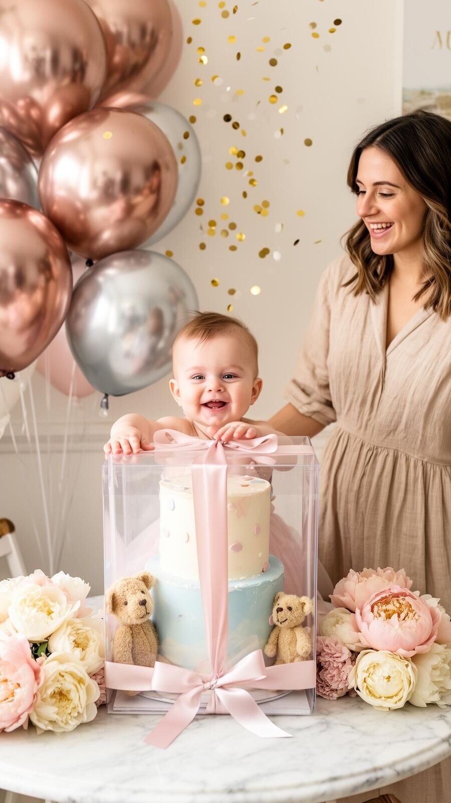 Bebé feliz frente a pastel en caja transparente con ositos y mamá sonriendo a su lado, globos metálicos rose gold de fondo
