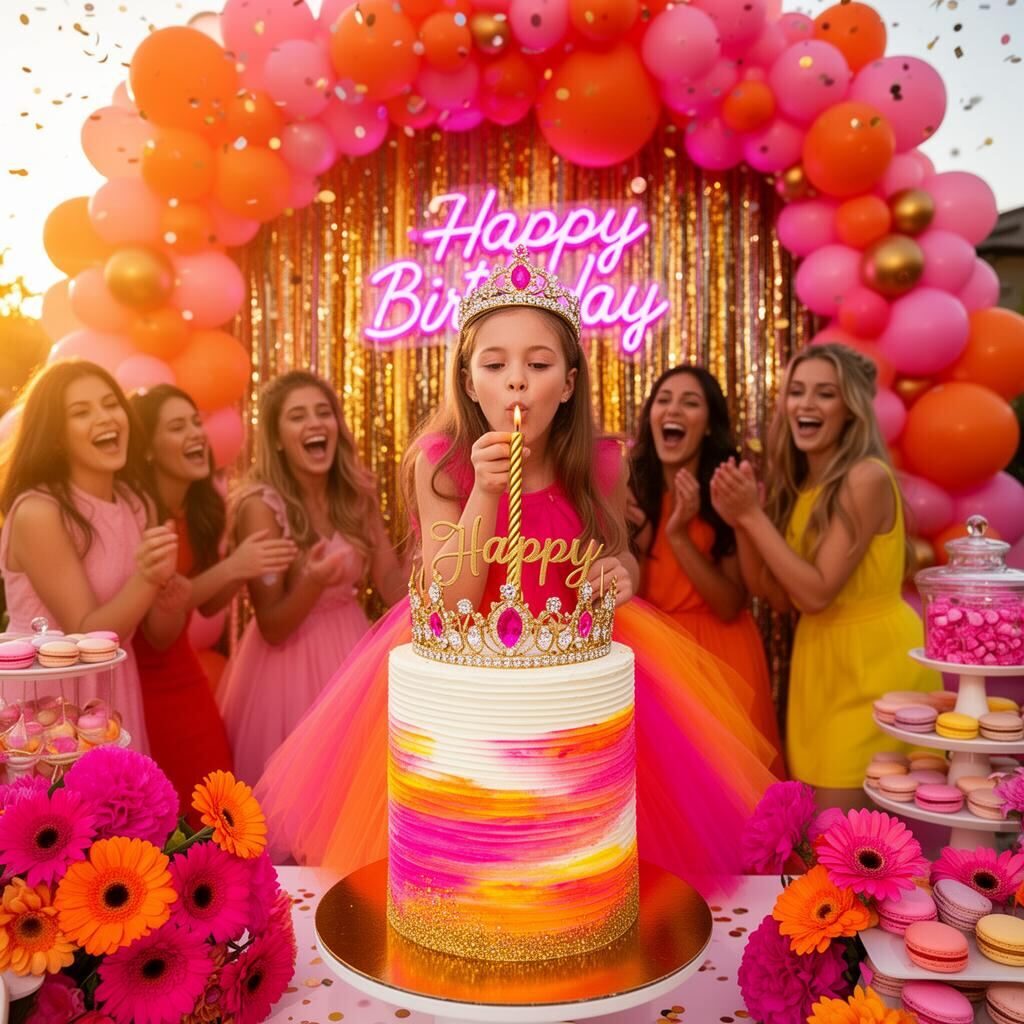 Niña con vestido de tul rosa fucsia y naranja con corona dorada soplando vela frente al mismo pastel de pinceladas, telón de cortina dorada, neón rosa de Happy Birthday, arco de globos rosa y naranja, gerberas vibrantes y amigas riendo