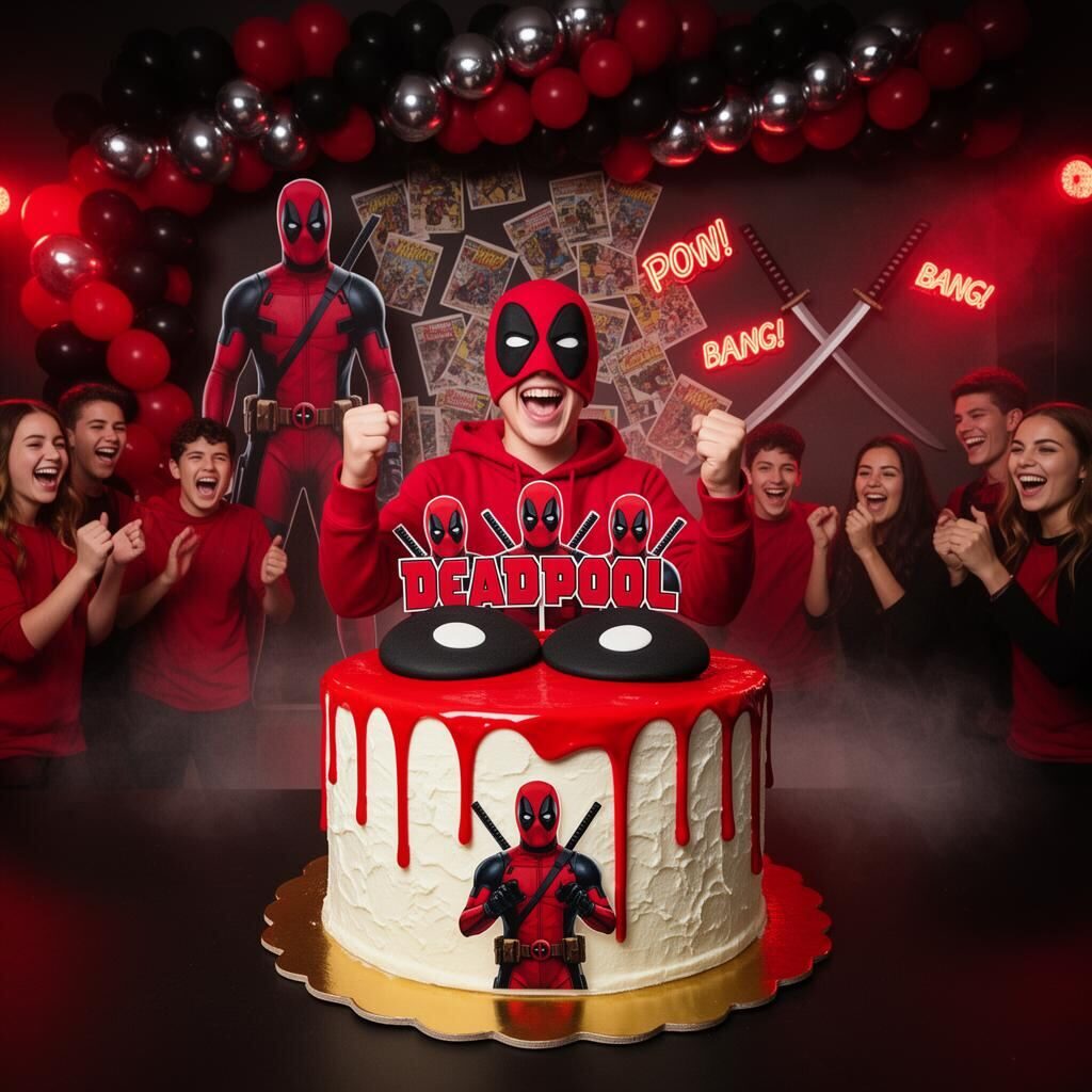 Adolescente con máscara de Deadpool y sudadera roja con puños arriba riendo frente al mismo pastel con drip rojo y toppers de Deadpool, amigos vestidos de rojo y negro animando, arco de globos rojo y negro con cromados plata, standee de Deadpool tamaño real, páginas de cómic en la pared, neones rojos POW y BANG, katanas cruzadas y luz dramática roja