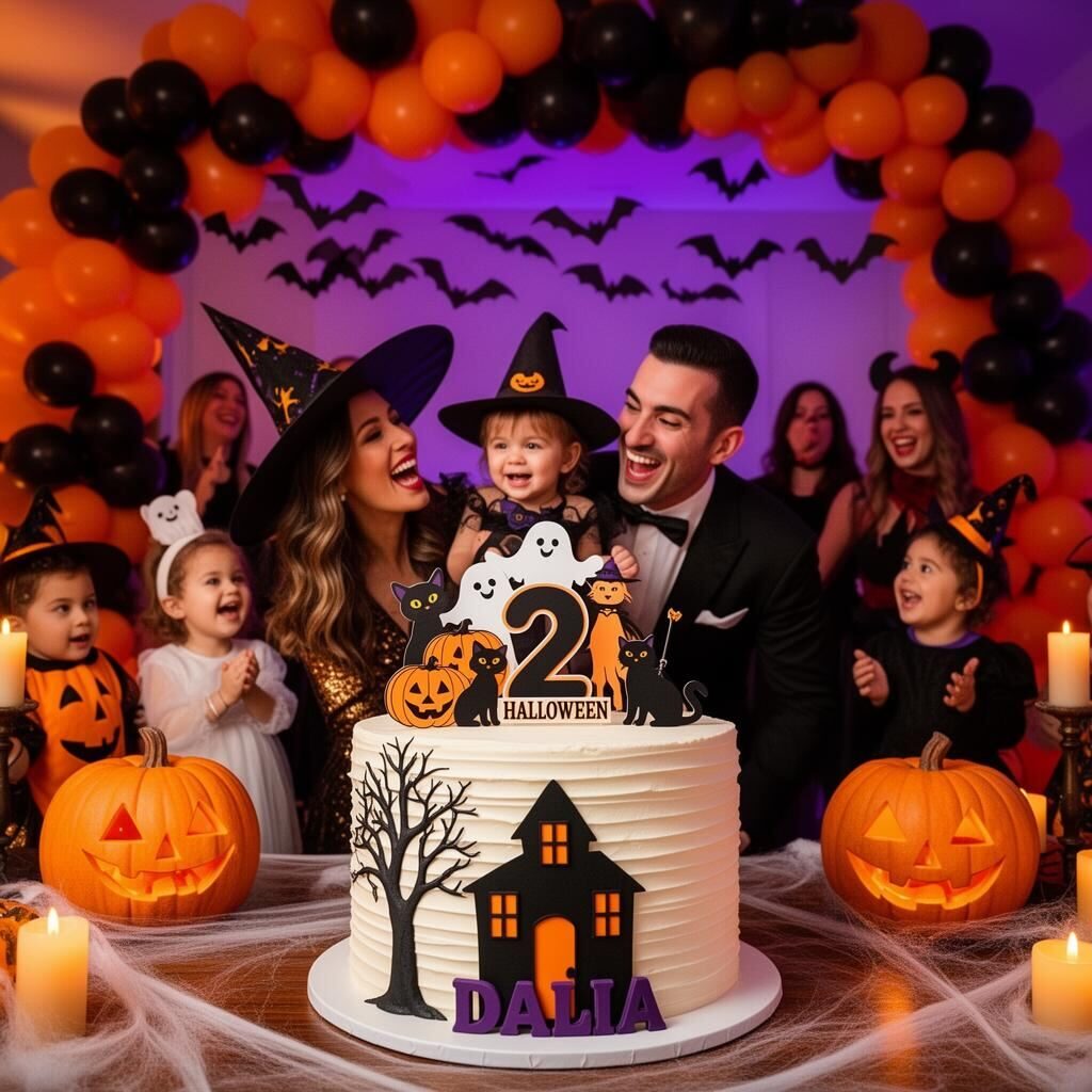 Niña de 2 años disfrazada de brujita en brazos de su mamá vestida de bruja glamorosa y su papá de vampiro elegante, riendo frente al mismo pastel de Halloween con casa embrujada y nombre Dalia, otros niños disfrazados de fantasma, gato y calabaza alrededor, arco de globos naranja y negro, murciélagos colgando, calabazas iluminadas y luz púrpura cálida