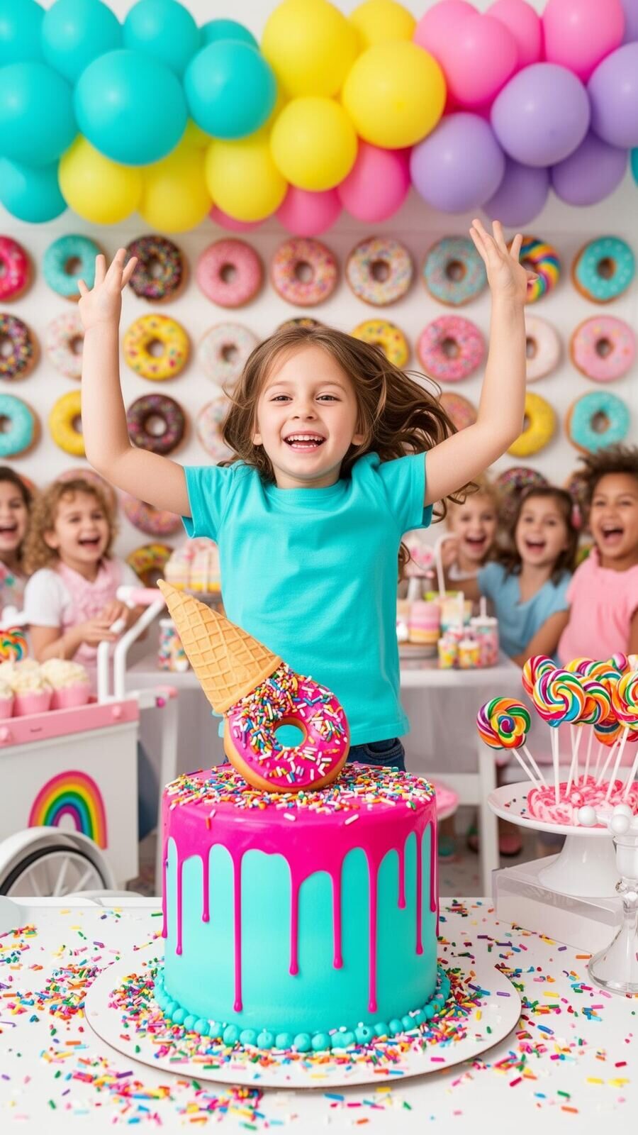Niña saltando feliz con los brazos arriba frente a pastel drip turquesa y rosa, pared de donas de fondo, paletas arcoíris y arco de globos pastel