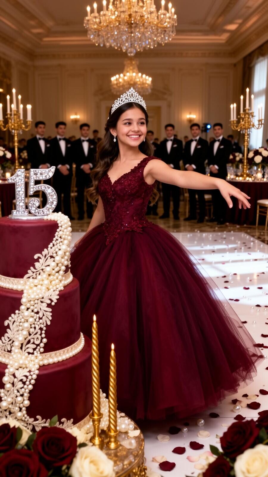 Quinceañera con vestido burgundy de tul y tiara de cristales bailando en gran salón con candelabros de cristal, chambelanes de fondo y pastel burgundy con perlas y 15 de cristal