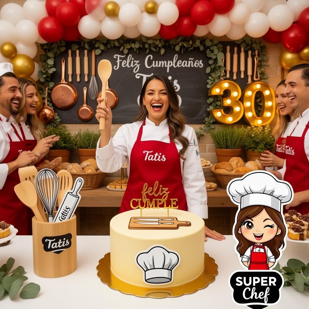 Mujer radiante con bata blanca de chef y mandil rojo bordado 'Tatis' levantando cuchara de madera como trofeo, riendo junto al mismo pastel Super Chef, mesa estilo cocina con rodillos, whisks, ollas de cobre colgando, pizarrón con 'Feliz Cumpleaños Tatis', cestas de pan, hierbas frescas en macetas, número 30 en luces doradas y arco de globos rojo y blanco