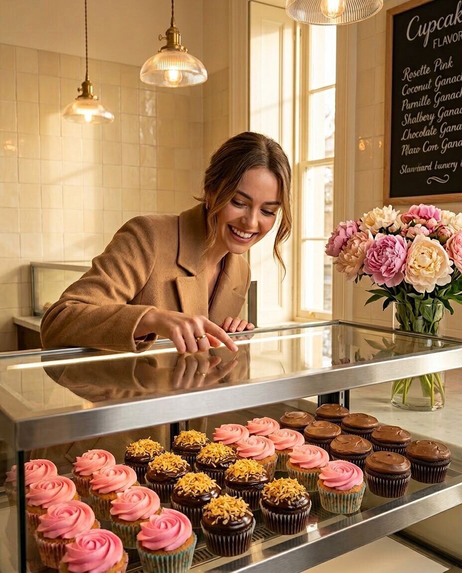 Clienta eligiendo cupcakes en una vitrina de pastelería luminosa con flores