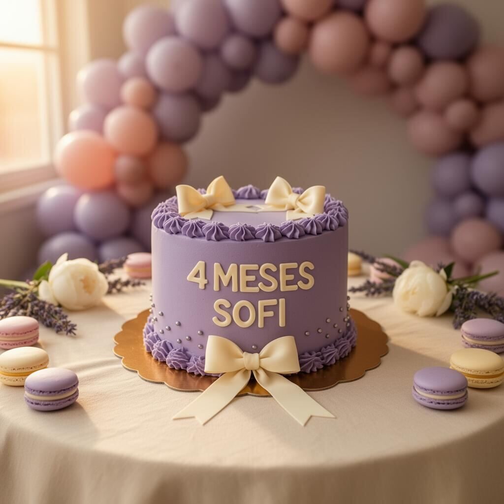 El mismo pastel lila con letras 'SOFI' montado en mesa redonda con mantel de lino marfil, arco de globos lavanda y rosa pálido detrás, peonías blancas, lavanda fresca y macarons pastel alrededor, luz cálida de tarde