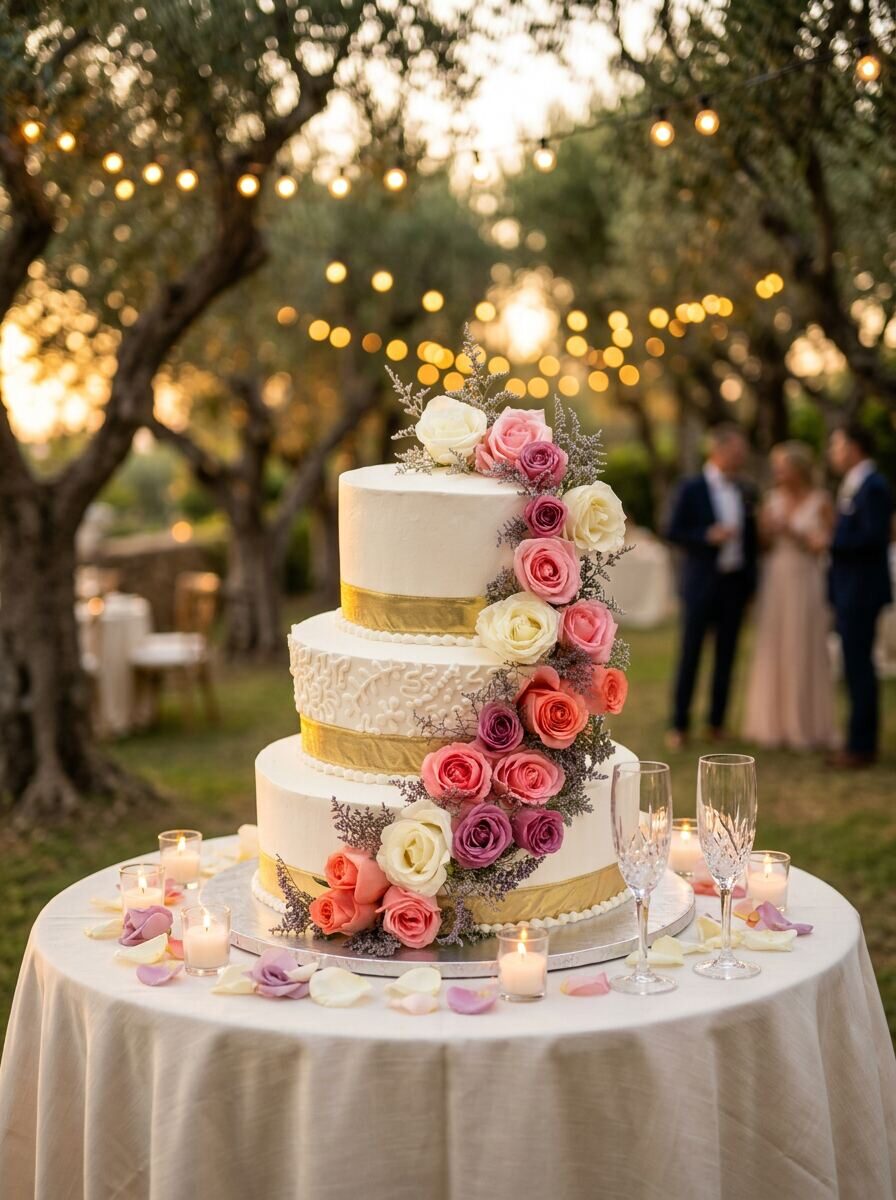 El mismo pastel de tres pisos con cascada de rosas montado sobre mesa redonda con mantel ivory en boda de jardín al atardecer, rodeado de velas votivas, pétalos de rosa, copas de champaña y luces colgantes entre olivos