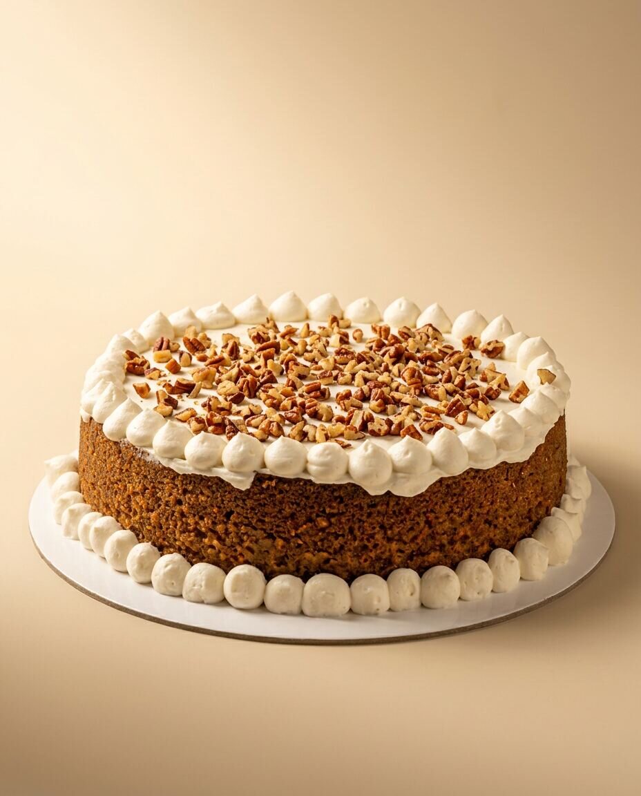 Carrot cake redondo con frosting de queso crema piped en rosetones y nuez pecana picada