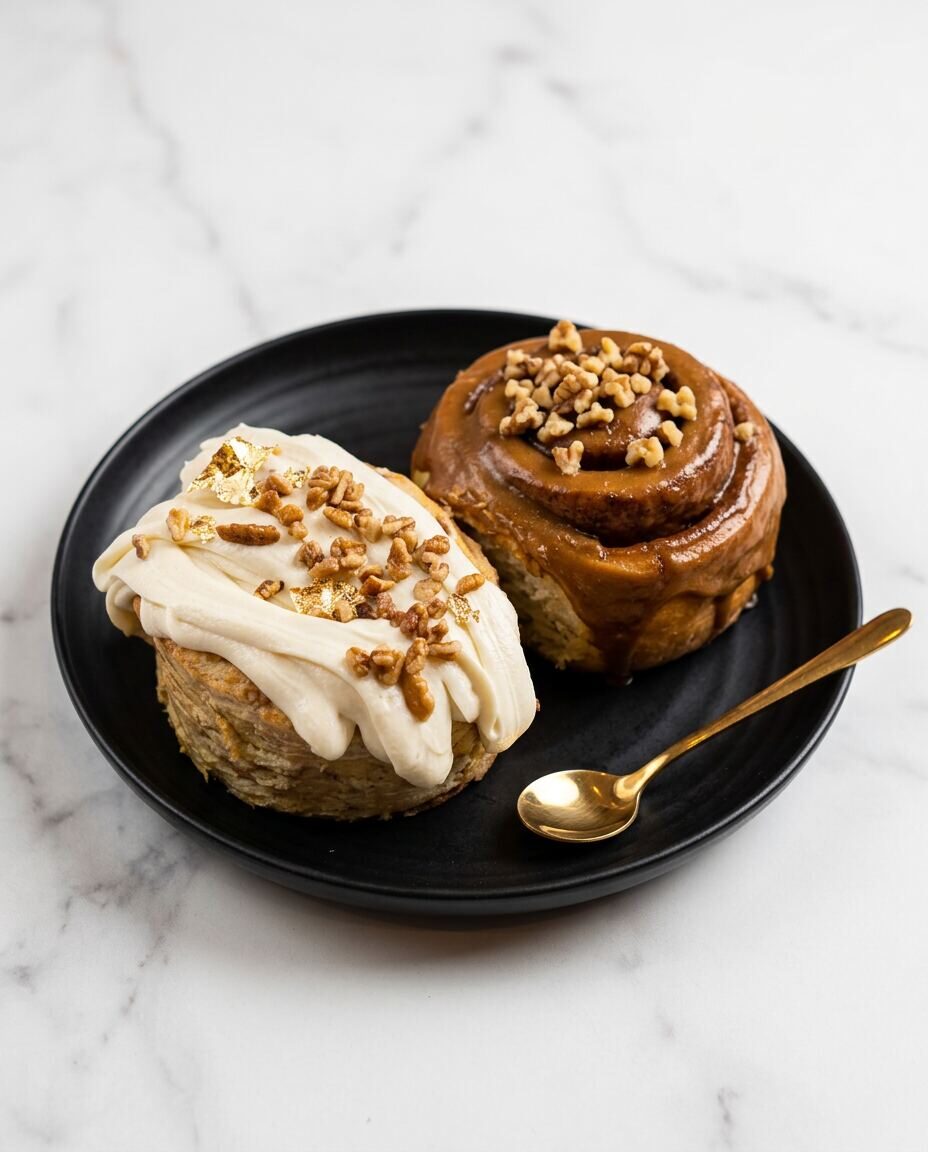 Dúo de cinnamon rolls individuales en plato negro: uno con queso crema y oro, otro con caramelo de café y nuez