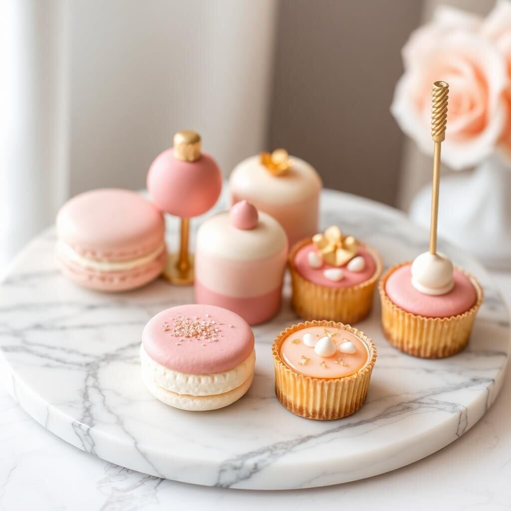 Bandeja de mini postres con macarons, cake pops y mini tartas
