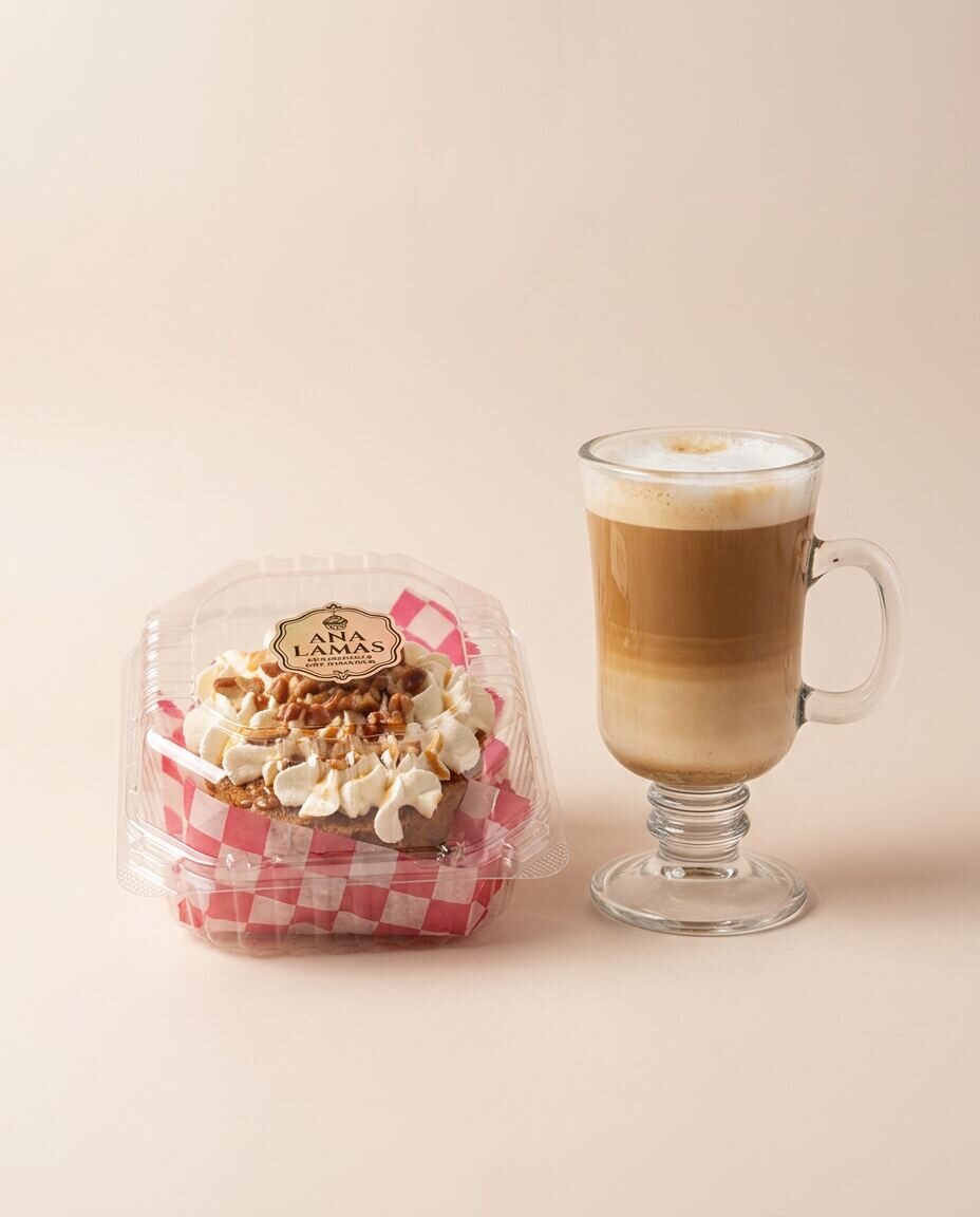 Waffle artesanal con crema batida y caramelo, junto a café latte en copa alta